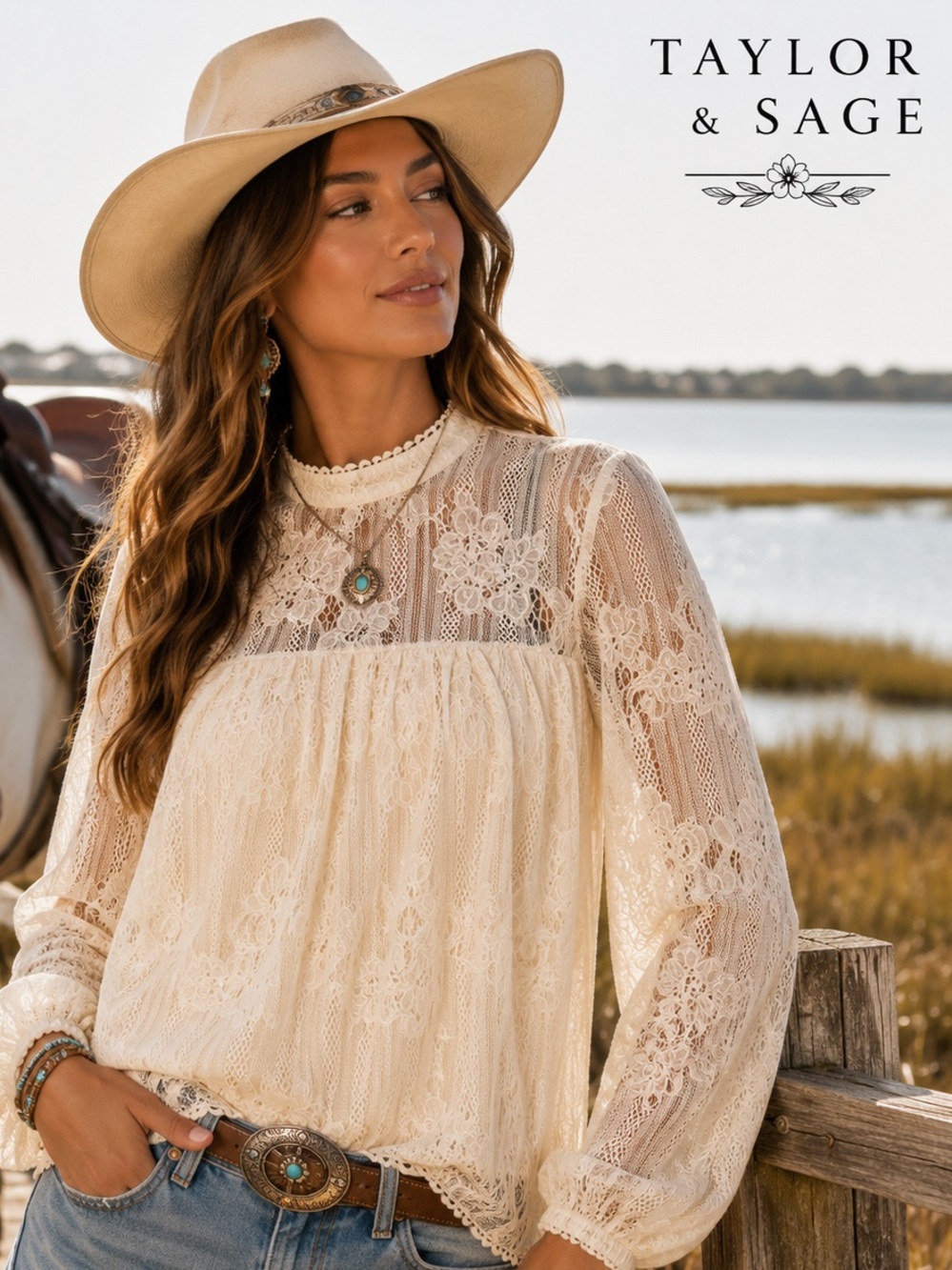 Taylor & Sage Lace Lined Mock Neck Long Sleeve Blouse W/Two Loop Back,Size XS